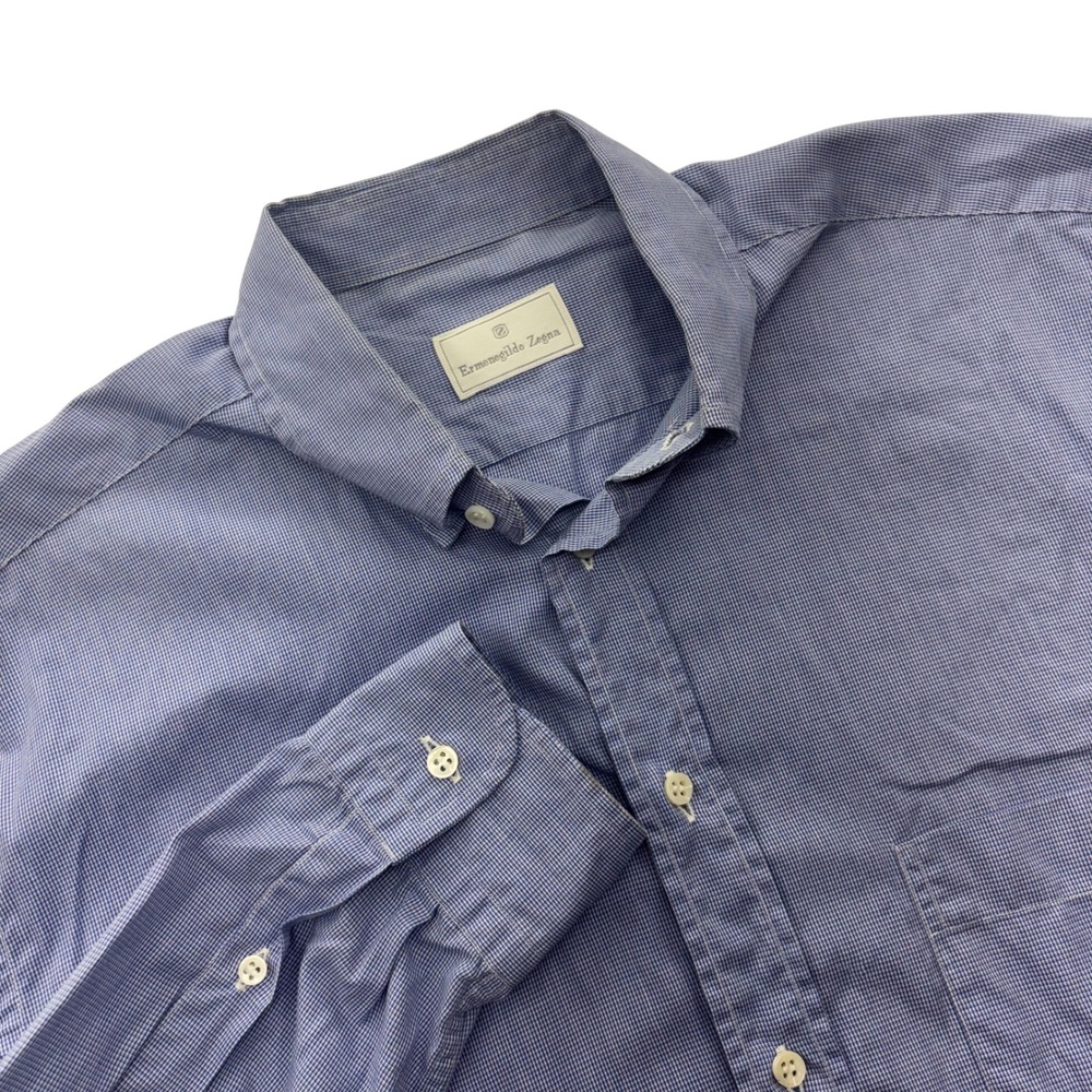 Ermenegildo Zegna Mens Blue Micro Check Cotton Button Down Shirt Made in Italy
